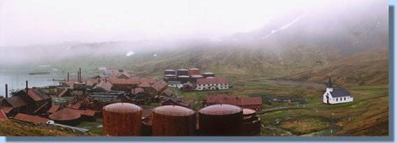 The former Norwegian whaling station Grytviken. In the front three of the seven whale oil tanks