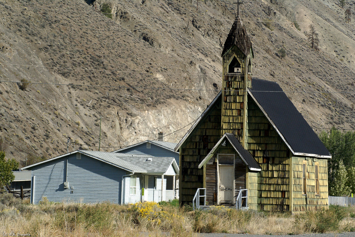 This little Anglican Nlak'pamux Church at Spense's Bridge on the Banks of the Tompson River was built by the natives over 100 years ago. It is no longer in use and has since fallen to disrepair.