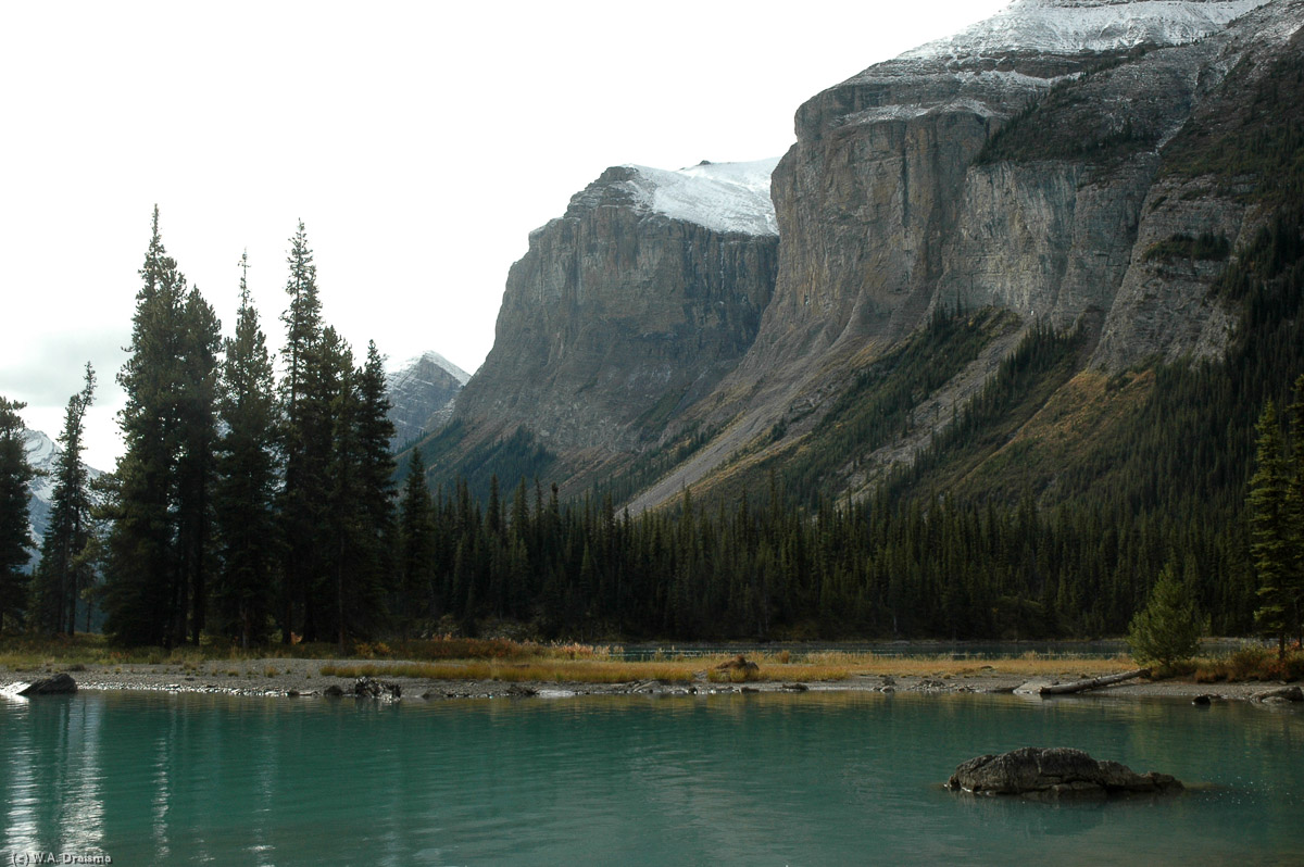 The iconic pines of Spirit Island, 14km up Maligne Lake, are dwarfed by the steep slopes of Mount Charlton.