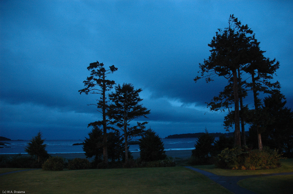 Dark clouds hover over the waters of the Pacific and the Pacific Rim National Park.