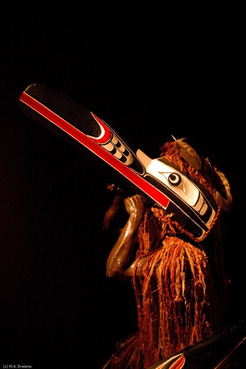 A Kwakwaka'wakw ceremonial mask made by Chief Nakap'ankam Mungo Martin representing huxwhukw on of three bird attendants of Baxwbakwalanuxwsiwe', the Cannibal-of-the-North-End-of-the-World.