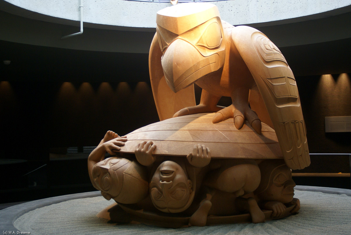 Bill Reid's famous The Raven and the First Men depicts the story of human creation according to Haida legend. It was carved from a giant block of laminated yellow cedar and took two years to complete.