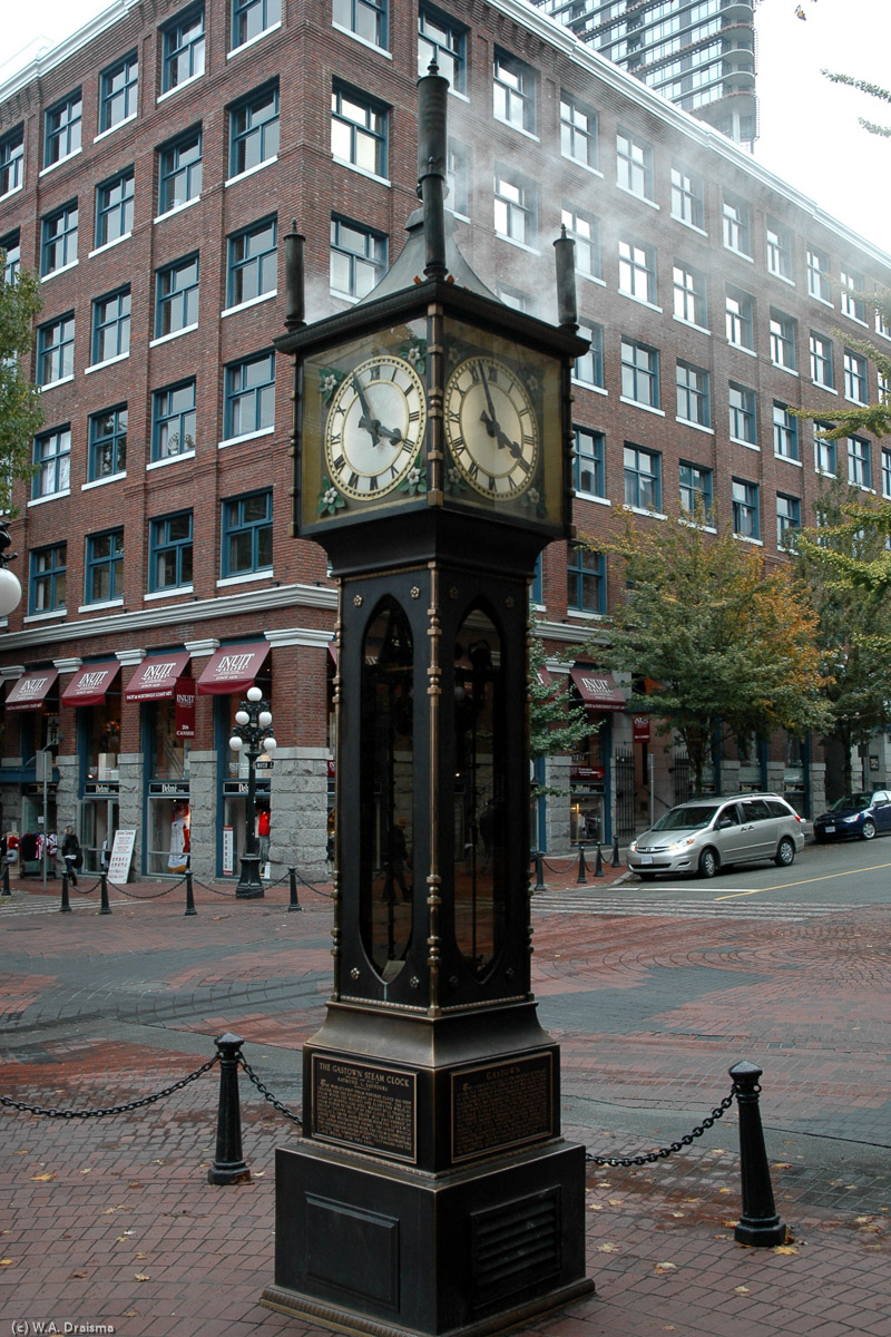 Gastown's steam clock was built in 1977.  Incorporating a steam engine and electric motors, the clock displays the time and announces the quarter hours with a whistle chime.