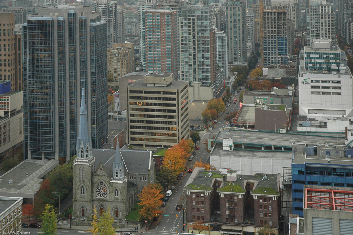Christ Church Cathedral, the biggest and best Gothic-style church in Vancouver seen from the Lookout Harbour Centre Tower.
