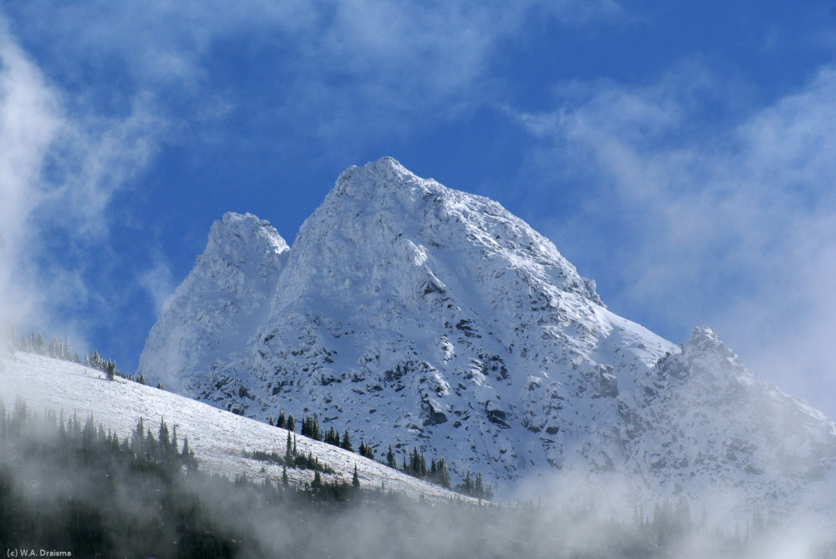 Because of low hanging clouds the views around Rogers Pass are limited, but suddenly Avalanche Mountain jumps into view.