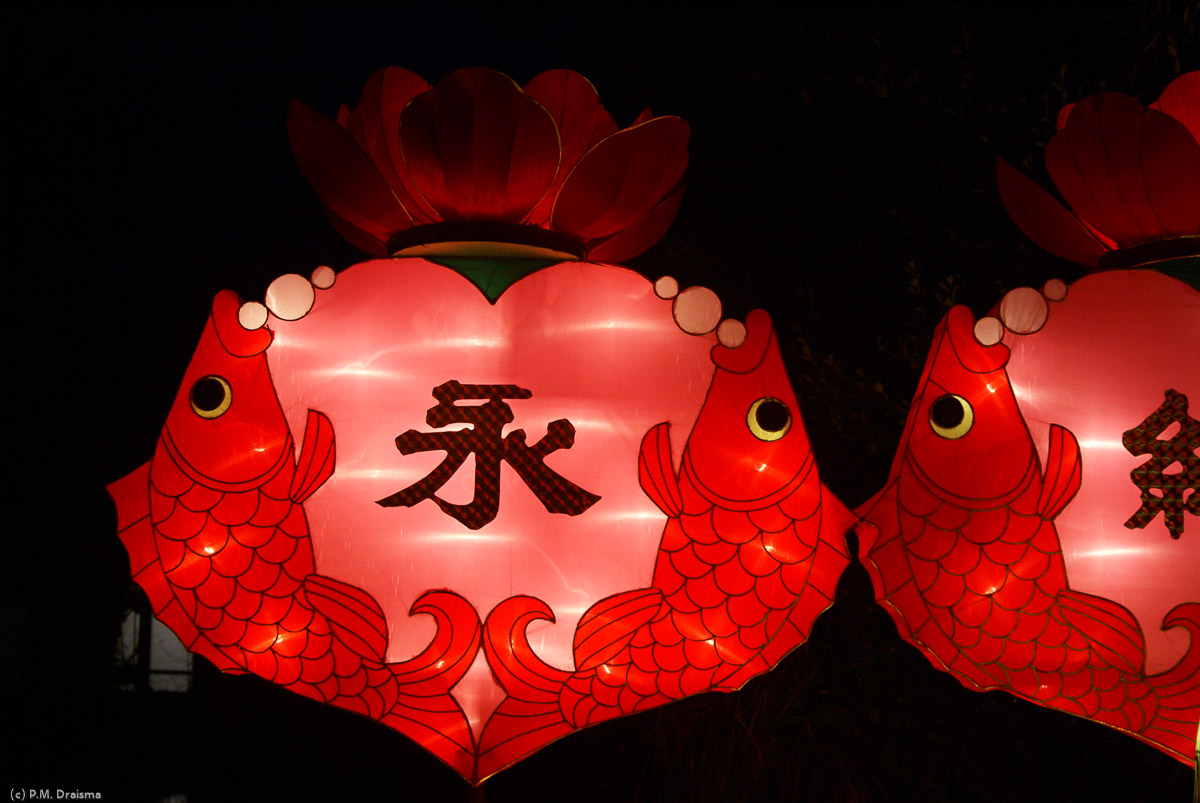 Another interesting lantern: two fish bent around a pink heart.