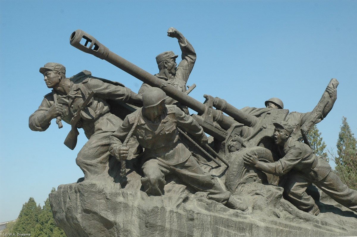 The monument is dedicated to the "Korean People's Army and Korean people who defeated the US imperialists and its allies in the Fatherland Liberation War".