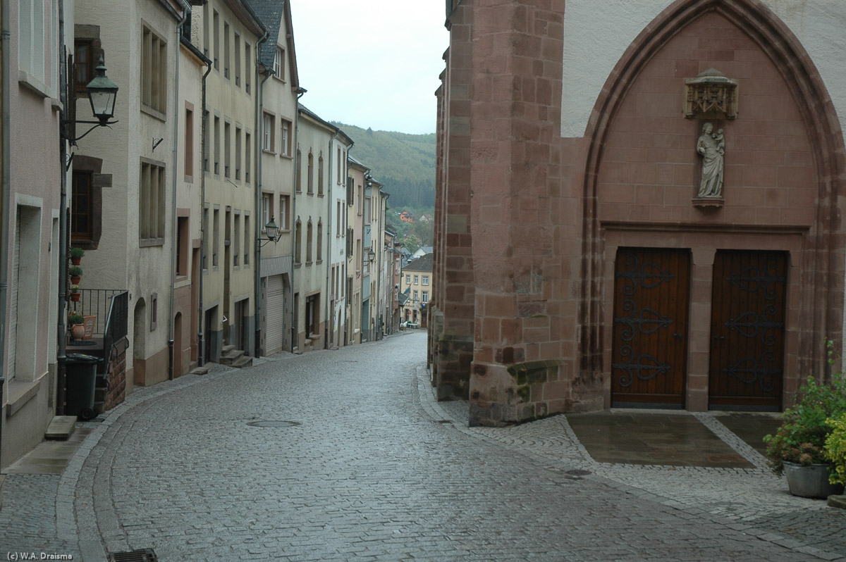 A cobblestoned street in the upper town of Vianden, a small town in north-eastern Luxembourg, right on the border of Germany.