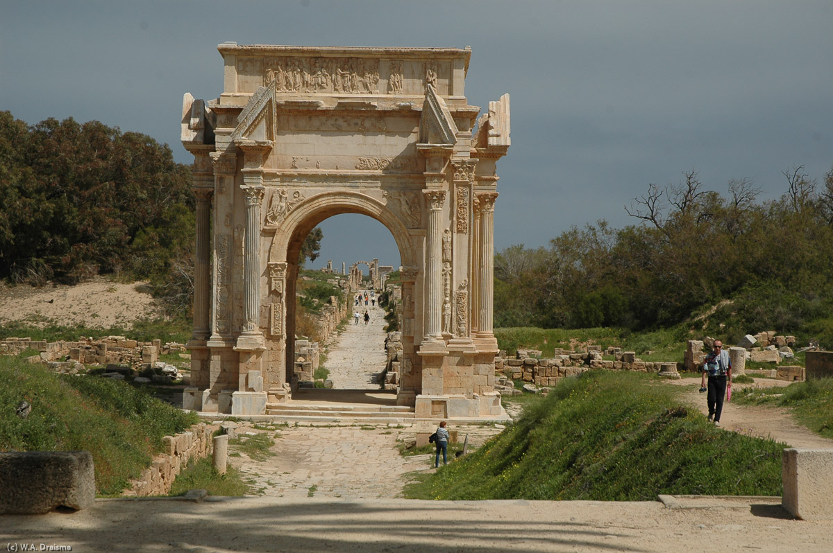 The triumphal Arch of Septimus Severus was built in AD 203 by the citizens of Leptis Magna to commemorate the emperor and his family. Born in AD 145 Lucius Septimus Severus spent most of his formative years in Leptis Magna and became emperor of Rome in AD 193.