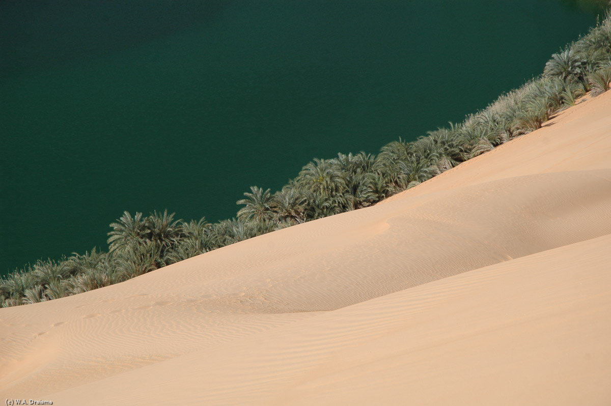 Gebraoun lake is one of the best places for a swim and there are plenty of access points around the shore-line. The salt content of Gebraoun, as in all of the Ubari lakes, is high, reportedly as high as the Dead Sea.