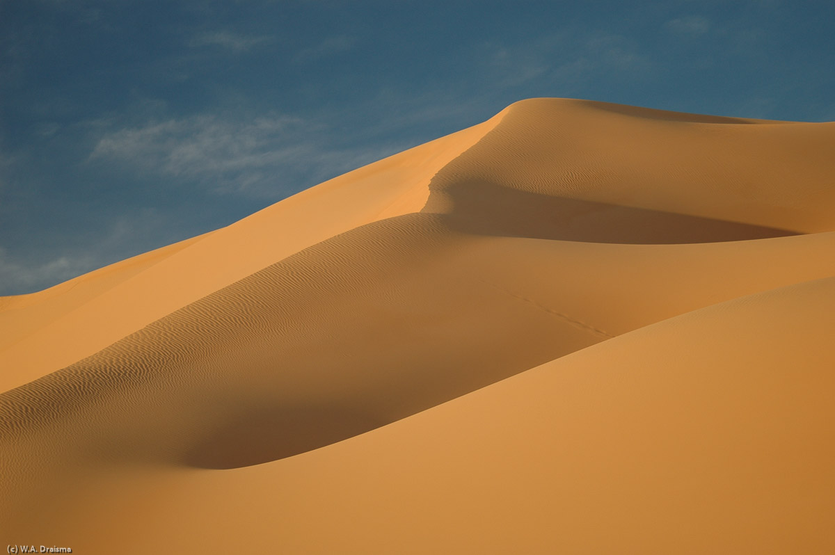 While the sun sets the light constantly changes the color of the dunes. From light brown, to darker brown to gold.