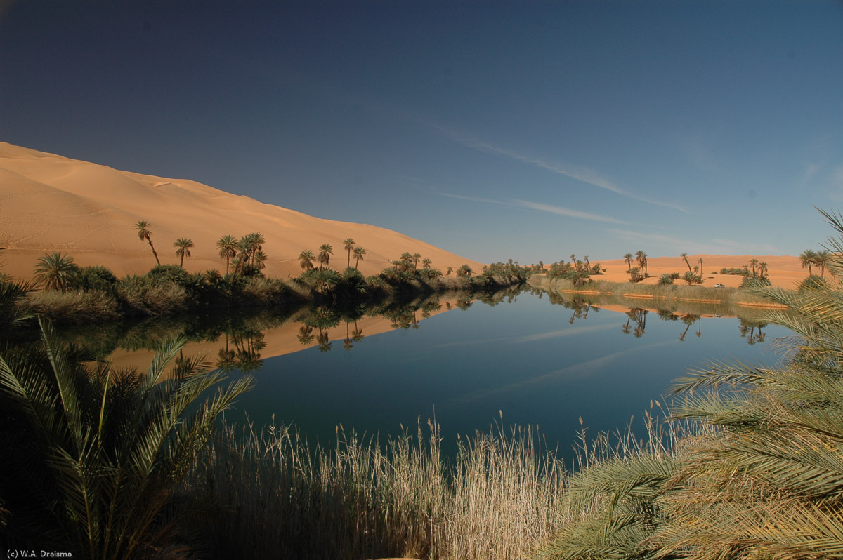 Um al-Maa or Mother of Water has a narrow, elongated stretch of water surrounded by closely packed palm trees. Um al-Maa is the most picturesque of the Ubari lakes.