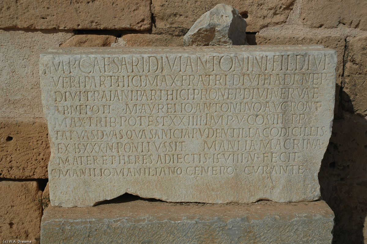 This inscription is dedicated to emperor Marcus Aurelius Antoninus, son of the deified Antoninus Pius, grand-son of Hadrian, gran-grandson of Trajan, grand-grand-grandson of Nerva, high priest, holder of tribunian powers for 24 times, saluted imperator for 5 times, consul for three times, etc. etc.