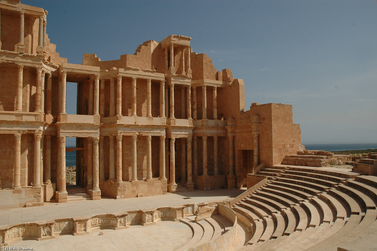 The stage, 43m long and nearly 9m wide overlooks the orchestra area that was paved with marble slabs. The balustrade at either end of the orchestra marks the seats reserved for VIPs. In total the seats, climbing sharply skywards, once had room for 5000 people.