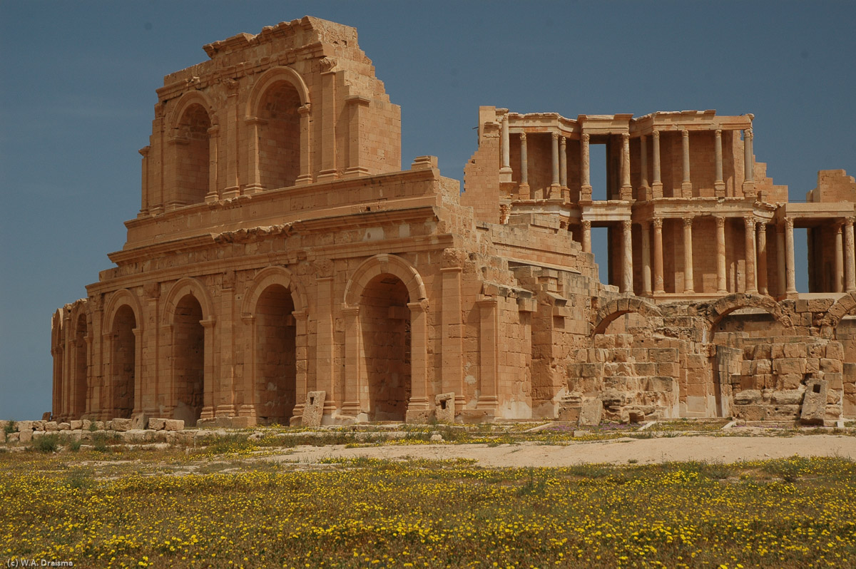 The theatre was used into the 4th century AD until it was destroyed by the AD 365 earthquake as many of the buildings in the ancient Roman cities of Libya.