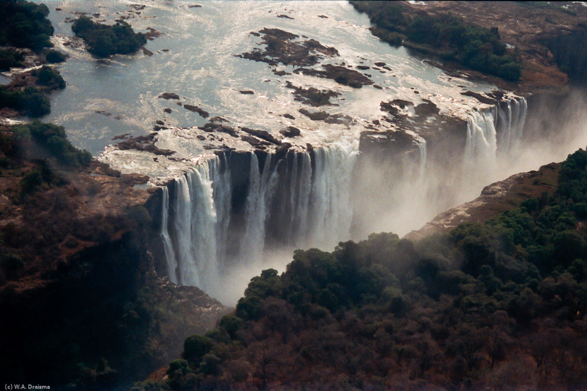 The whole volume of the Zambezi River pours through the First Gorge's 110-meter-wide exit for a distance of about 150 meters, then enters a zigzagging series of gorges designated by the order in which the river reaches them.
